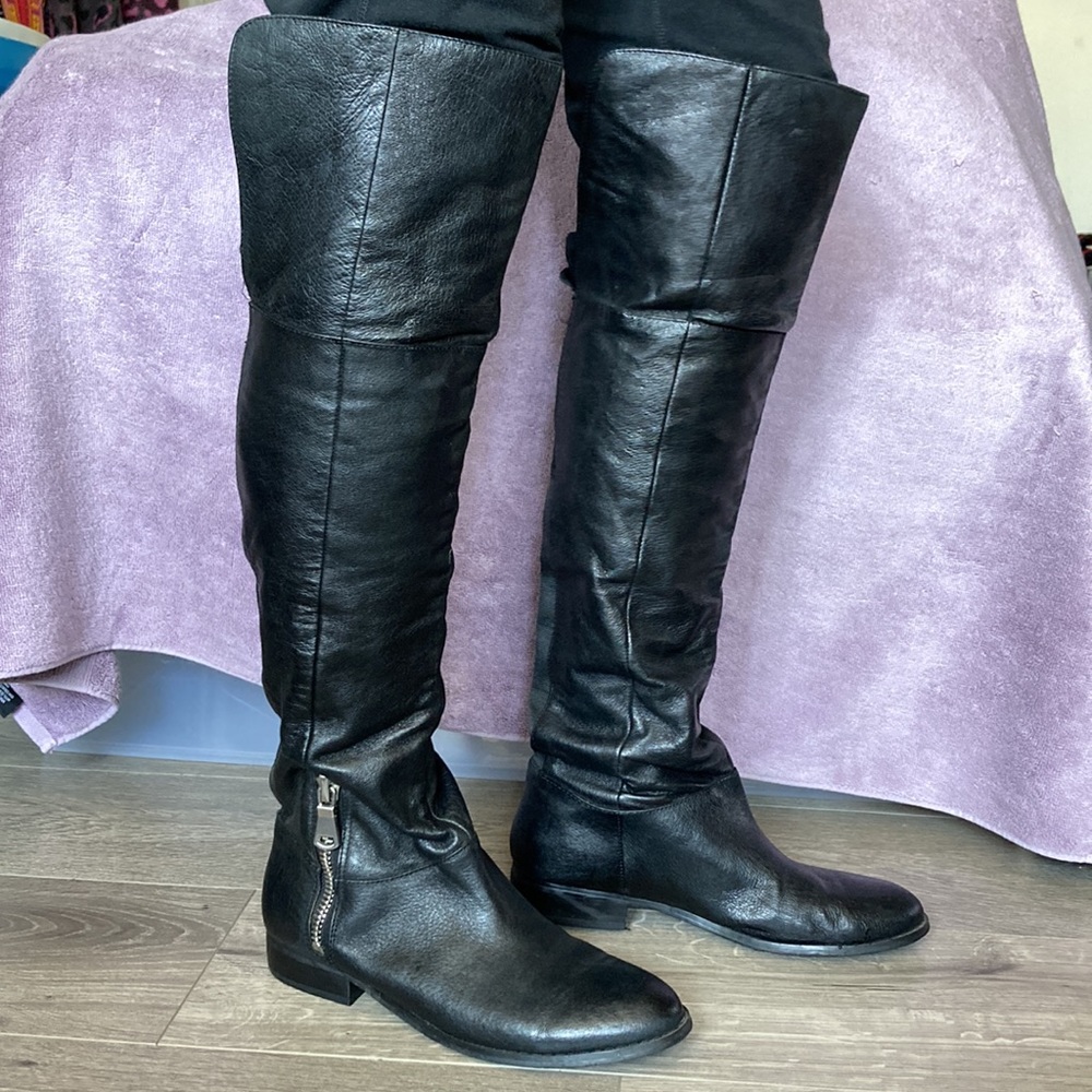 Chinese Laundry over the knee black vegan leather riding boots elastic fold new